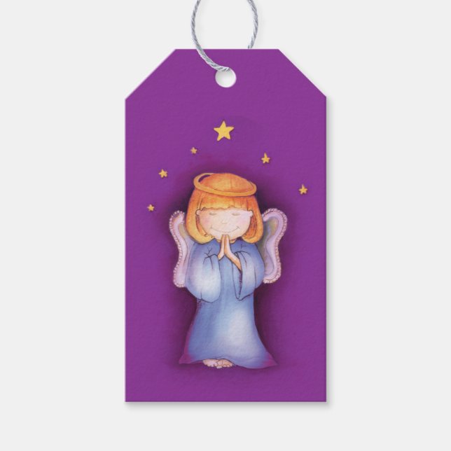 Étiquettes-cadeau Noël mignon ange fille art violet marque cadeau (Devant)