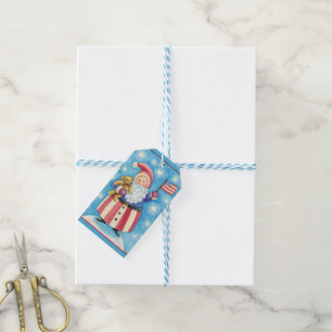 Étiquettes-cadeau Noël mignon, Père Noël patriotique avec drapeau