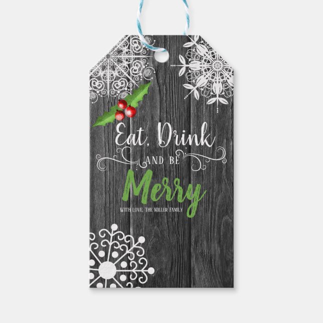 Étiquettes-cadeau Noël| Mistletoe en bois gris rustique & Snowflakes (Devant)