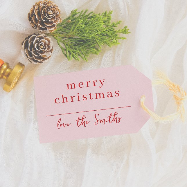 Étiquettes-cadeau Noël moderne rose et rouge blanc Nom de famille (Créateur téléchargé)