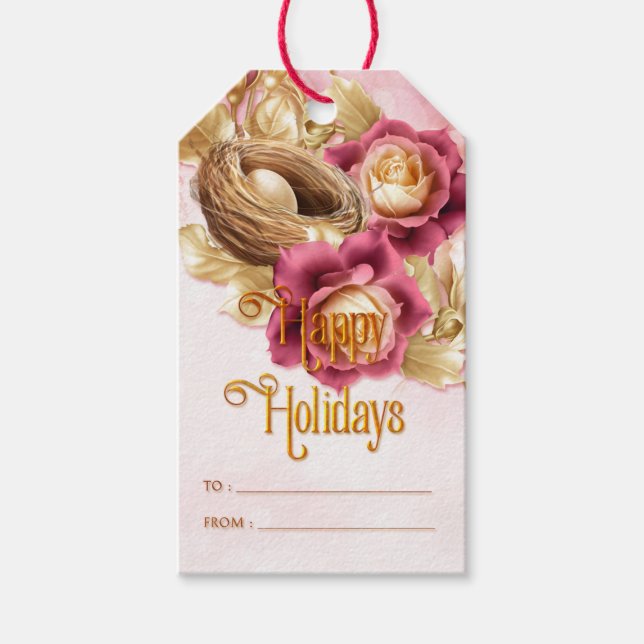 Étiquettes-cadeau Noël Oiseaux Rose Nid et Oeufs Joyeux Fêtes (Devant)