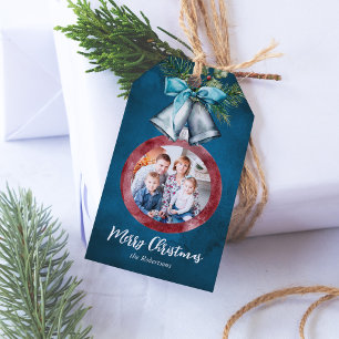Étiquettes-cadeau Noël Ornement Photo Blue Holiday