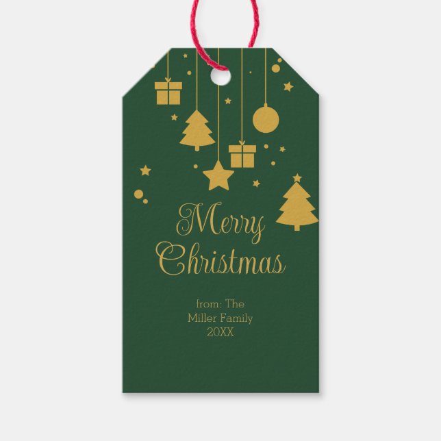 Étiquettes-cadeau Noël Ornement Vert Or (Devant)