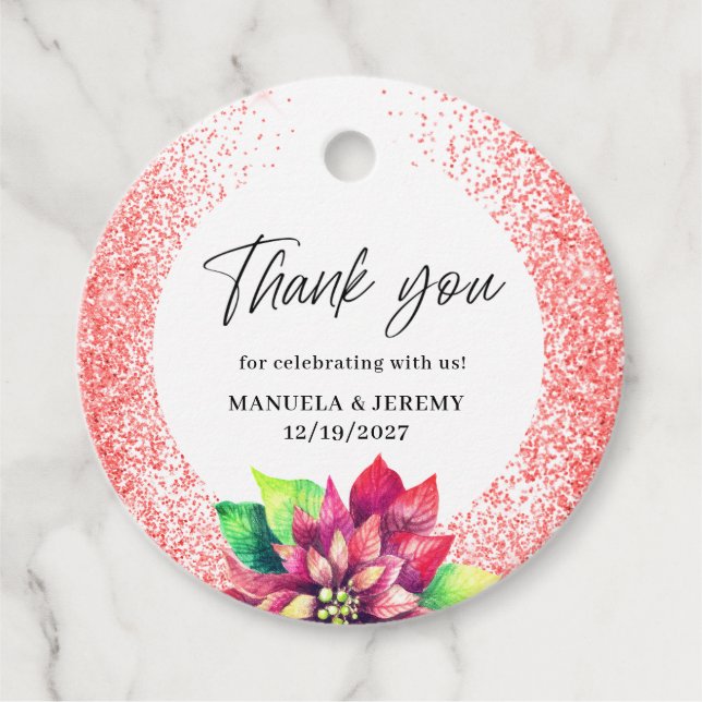 Étiquettes Cadeau Noël Parties scintillant rouge Poinsettia Merci Ma (Devant)