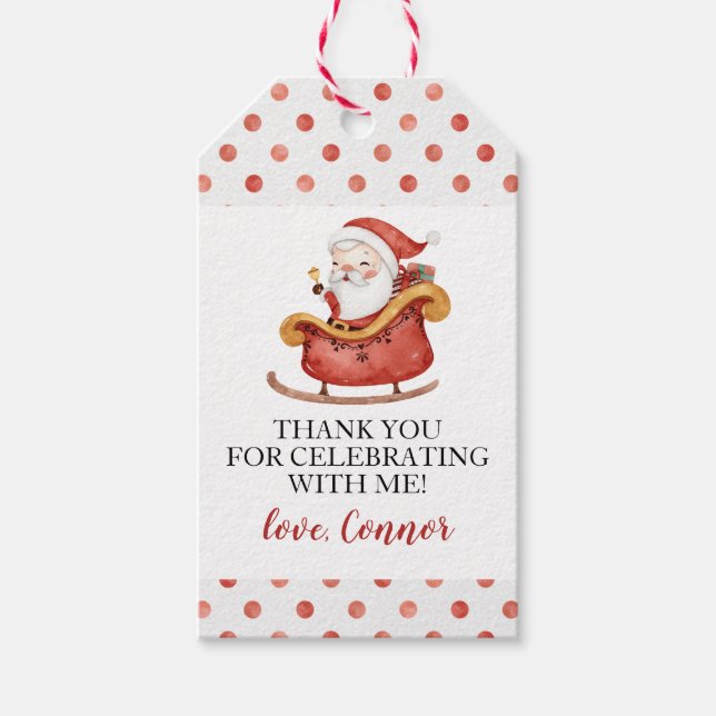 Étiquettes-cadeau Noël Père Noël Sleigh Premier anniversaire (Devant)