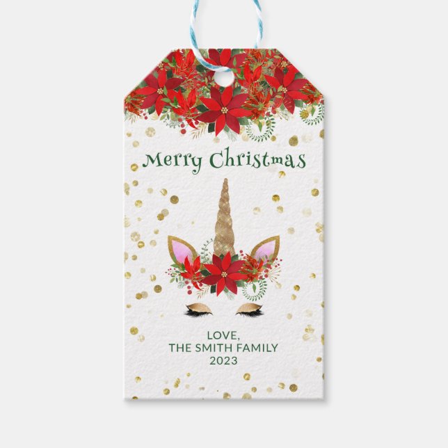 Étiquettes-cadeau Noël Poinsettia Unicorne avec Green Font Party (Devant)