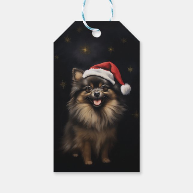 Étiquettes-cadeau Noël Poméranien noir et tan personnalisable (Devant)