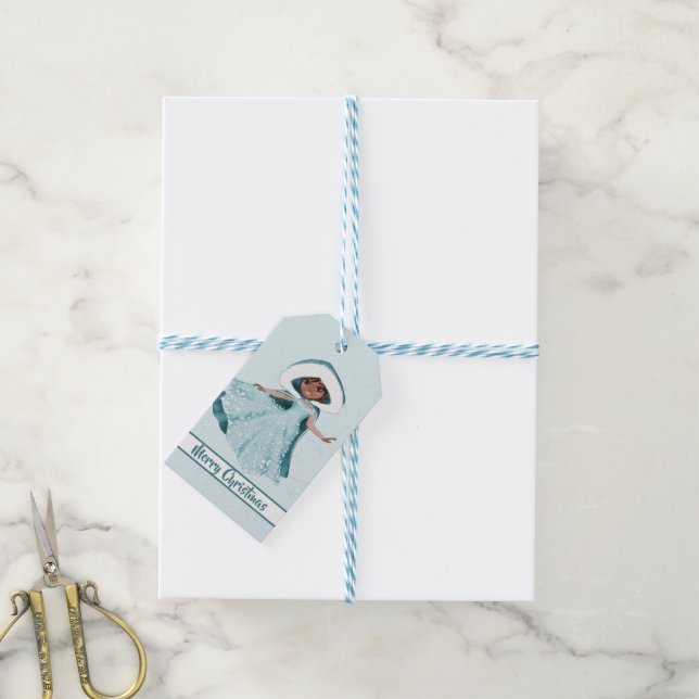 Étiquettes-cadeau Noël Princesse Cheveux foncé Snowflakes hiver (Avec de laficelle)