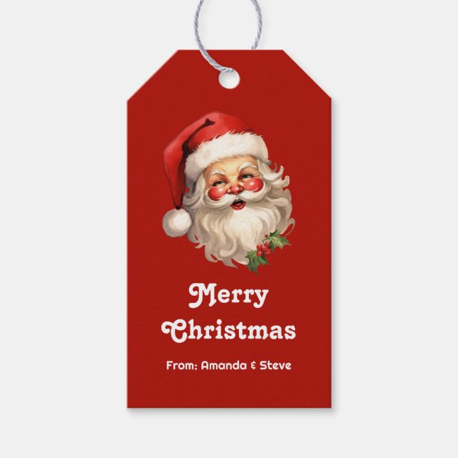 Étiquettes-cadeau Noël rétro Holly Jolly Santa Claus (Devant)