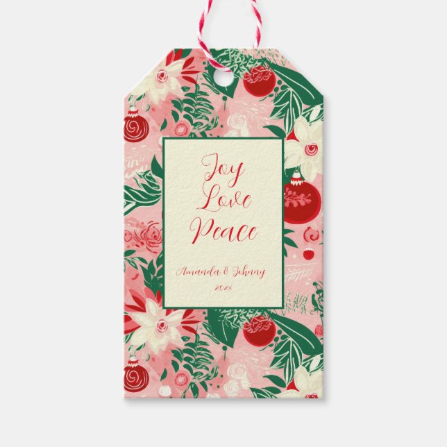 Étiquettes-cadeau Noël rose rouge floral (Devant)