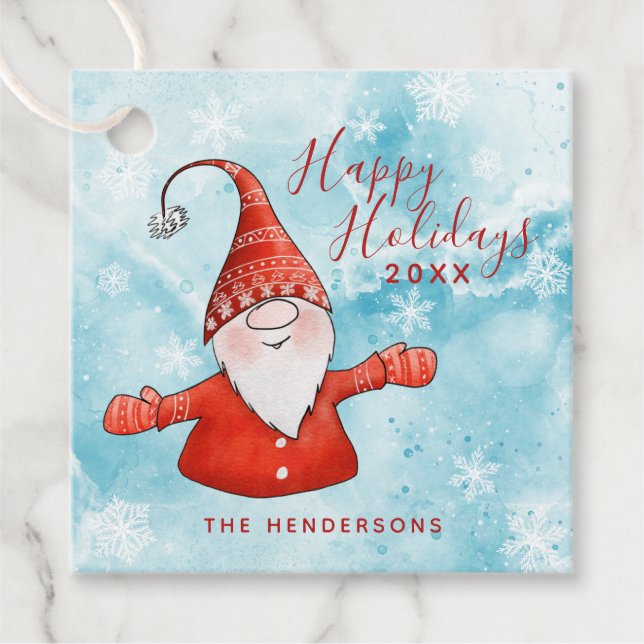 Étiquettes Cadeau Noël Rouge et Bleu mignon Gnome Joyeux Fêtes (Devant)