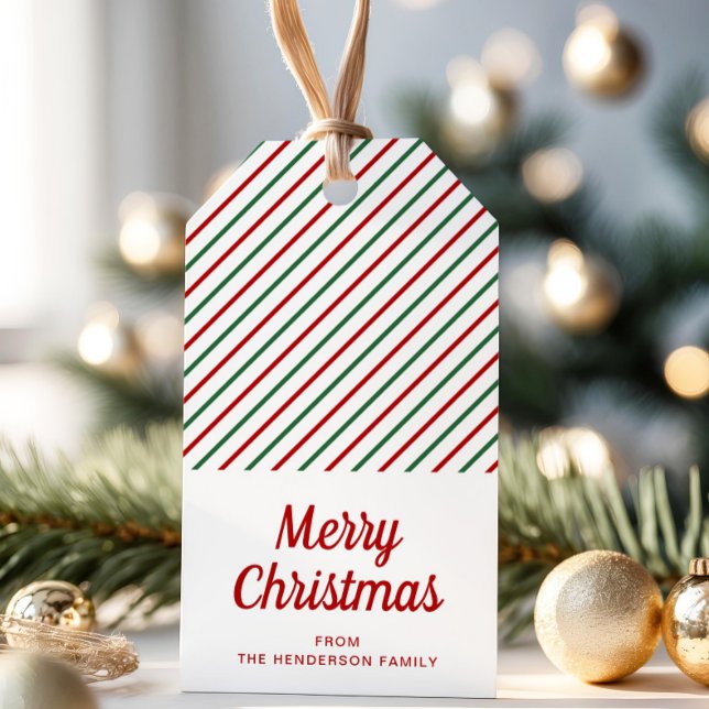 Étiquettes-cadeau Noël rouge vert moderne rayé (Modern Red Green Striped Christmas Gift Tags)