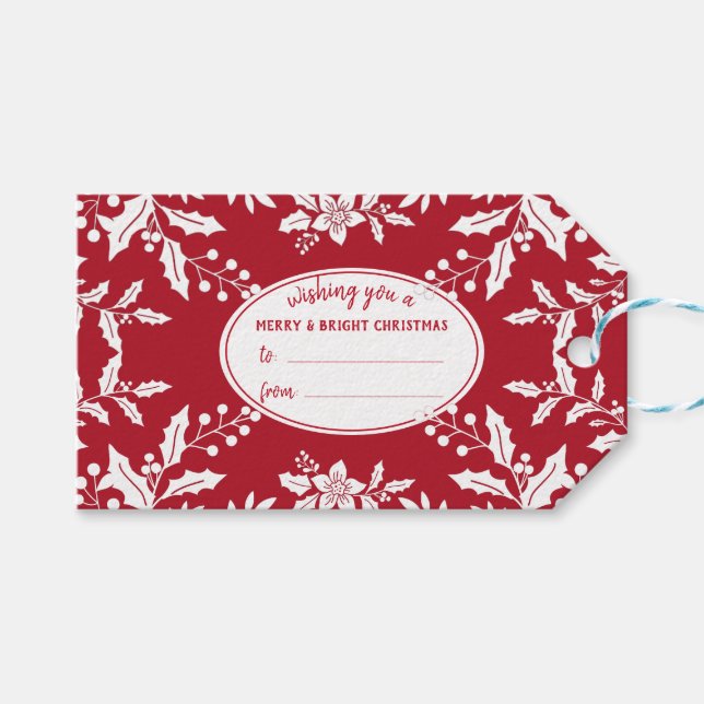 Étiquettes-cadeau Noël Rouge, White Holly, Festif (Devant (Horizontal))