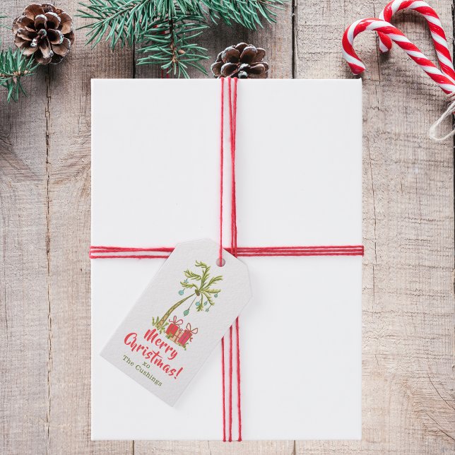Étiquettes-cadeau Noël tropical avec palmier présente le littoral (Créateur téléchargé)