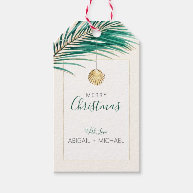 Étiquettes-cadeau Noël Tropical Green et Gold Palm Tree (Devant)