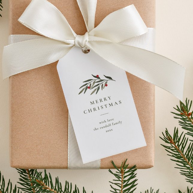 Étiquettes-cadeau Noël Verdure Feuille Typographie minimale Blanc (Simple greenery leaves merry christmas holiday gift tags.)