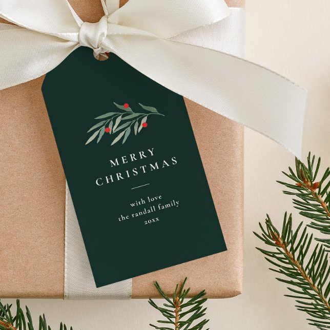 Étiquettes-cadeau Noël Verdure Feuille Typographie minimale Vert (Simple red and green merry christmas gift tag with hand painted watercolor greenery foliage sprig.)