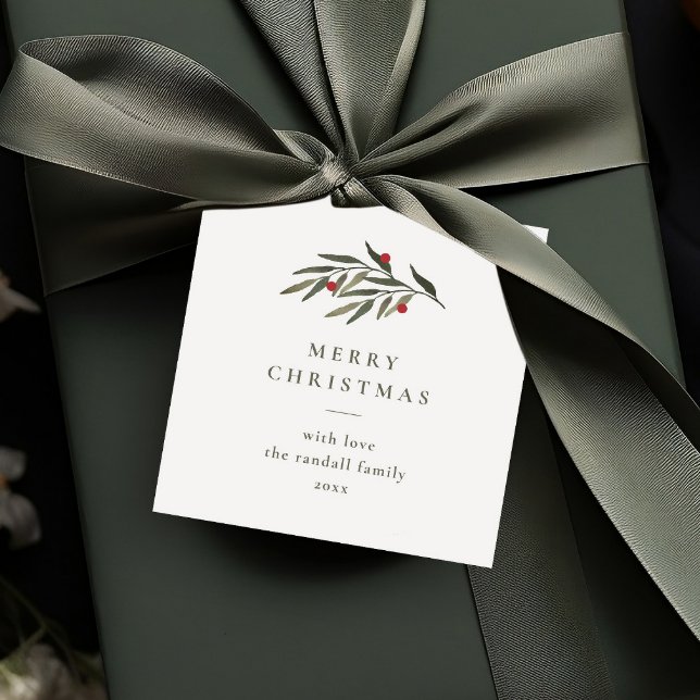 Étiquettes Cadeau Noël Verdure Typographie minimale Cadeau blanc (Simple greenery leaves merry christmas holiday gift tags.)