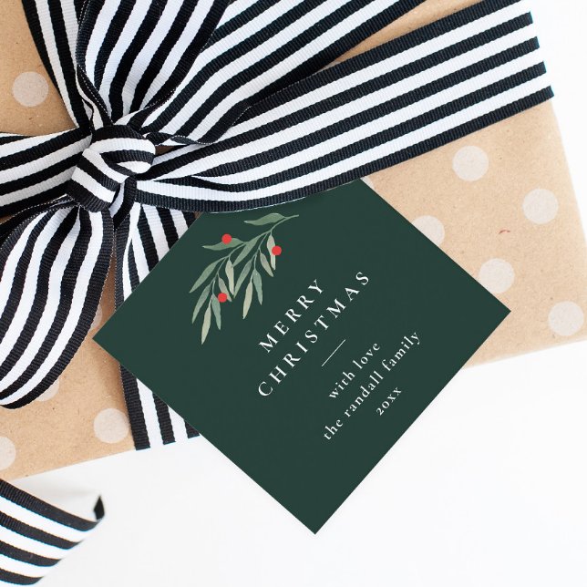 Étiquettes Cadeau Noël Verdure Typographie minimale Cadeau vert (Simple merry christmas gift tag with and elegant hand painted red and green watercolor branch.)