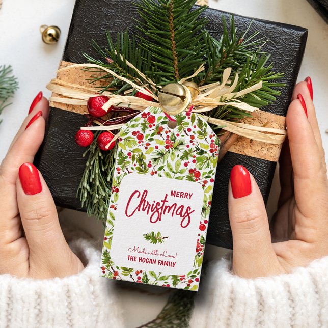 Étiquettes-cadeau Noël Vert Berries Fête Favoriser (Christmas greenery and red berries holiday favor Made with Love gift tags)