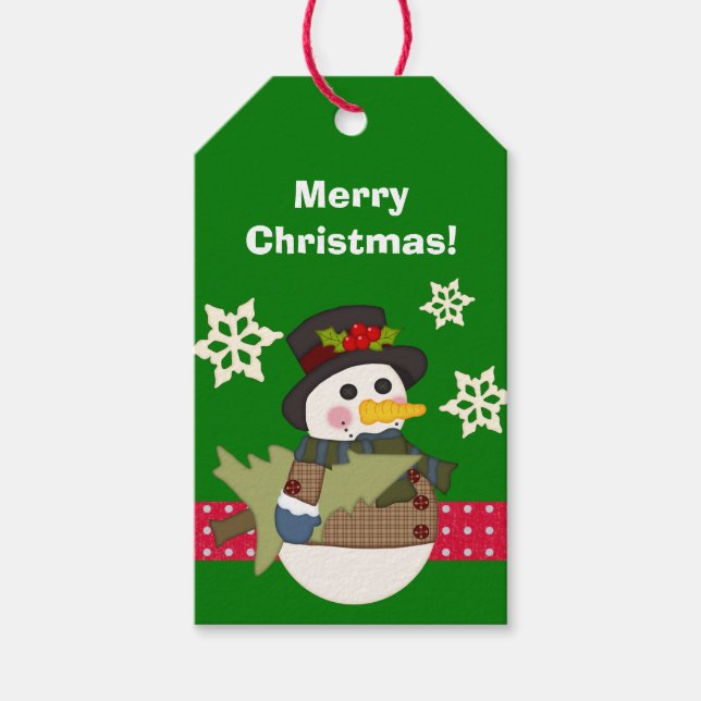 Étiquettes-cadeau Noël vert et rouge du gentil bonhomme de neige (Devant)
