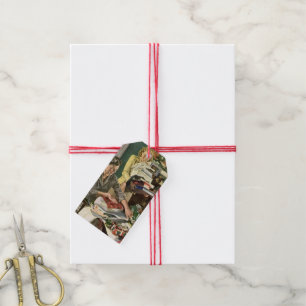 Étiquettes-cadeau Noël vintage, famille heureuse emballant des cadea