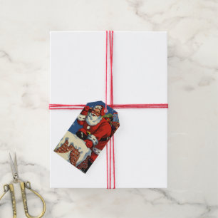 Étiquettes-cadeau Noël vintage, le Père Noël descend Chimney avec jo