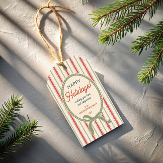 Étiquettes-cadeau Noël vintage rouge vert rayures avec cloches