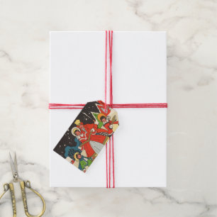 Étiquettes-cadeau Noël vintage, une famille chantant des chants de N