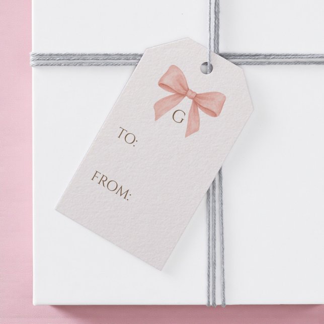 Étiquettes-cadeau Nœud aquarelle rose blush monogramme (Créateur téléchargé)