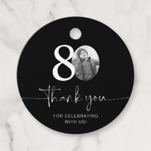 Étiquettes Cadeau Noir 80e anniversaire Merci