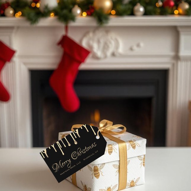 Étiquettes-cadeau Noir apiaire de Noël tag or goutte de miel (Créateur téléchargé)
