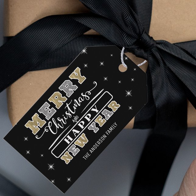 Étiquettes-cadeau Noir Argent & Or Joyeux Noël Bonne Année (Black Silver & Gold Merry Christmas Happy New Year Gift Tags)