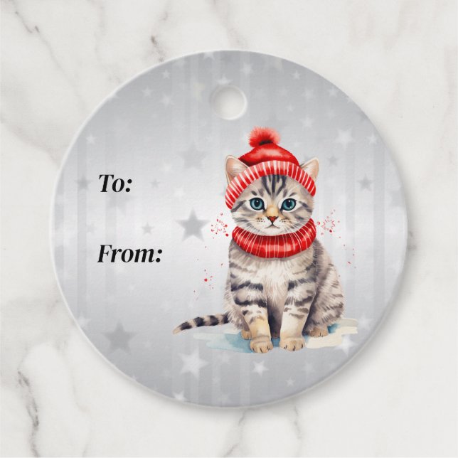 Étiquettes Cadeau Noir Blanc et Tiger Tan Kitty avec Casquette et Éc (Devant)