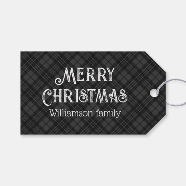 Étiquettes-cadeau Noir blanc tartan plaid hiver Noël motif (Devant (Horizontal))