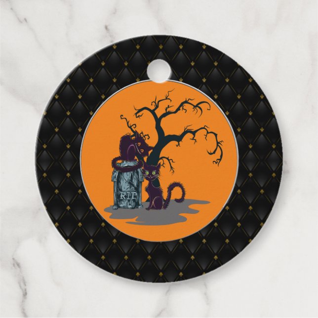 Étiquettes Cadeau Noir Boarder Chats Noirs Tombstone Tree Halloween (Devant)