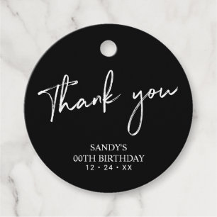 Étiquettes Cadeau Noir Brush Script Anniversaire Fête Merci Favorise