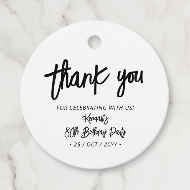 Étiquettes Cadeau Noir Chic Brush Script Anniversaire Merci de fête (Devant)