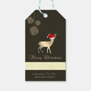 Étiquettes-cadeau Noir élégant, Cerf de Noël, Santa Hat, Société