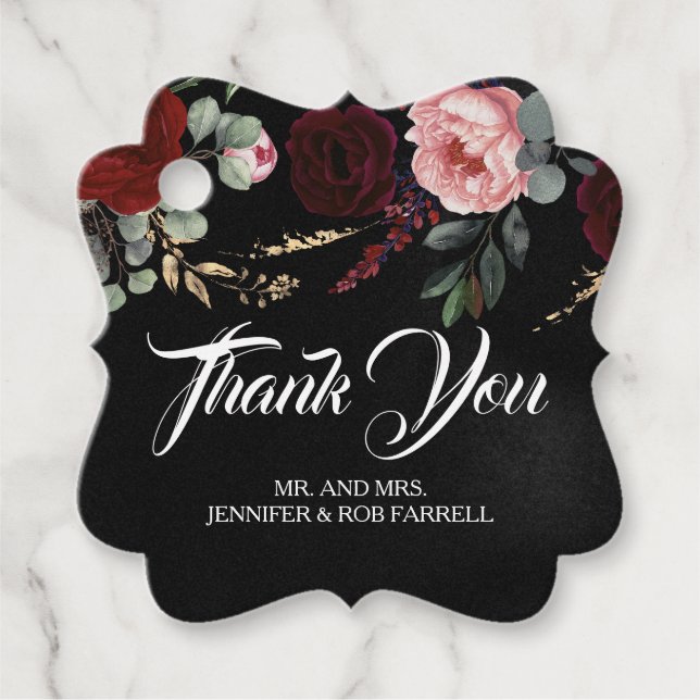 Étiquettes Cadeau Noir et Bourgogne Rouge Floral Mariage moderne (Devant)