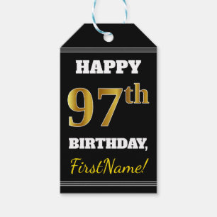 Étiquettes-cadeau Noir, Faux Gold 97e anniversaire + Nom personnalis