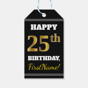 Étiquettes-cadeau Noir, Faux Or 25e anniversaire + Nom personnalisé