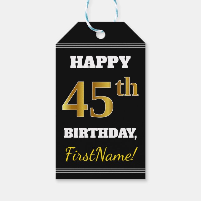 Étiquettes-cadeau Noir, Faux Or 45ème anniversaire + Nom personnalis (Devant)