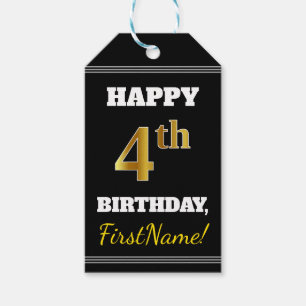 Étiquettes-cadeau Noir, Faux Or 4ème anniversaire + Nom personnalisé