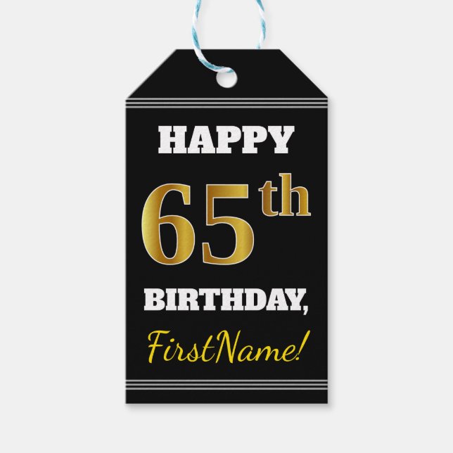 Étiquettes-cadeau Noir, Faux Or 65e anniversaire + Nom personnalisé (Devant)