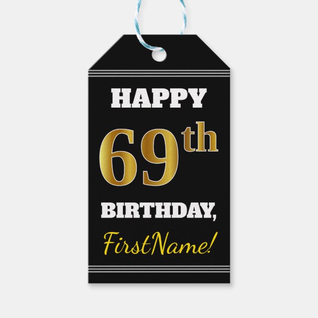 Étiquettes-cadeau Noir, Faux Or 69e anniversaire + Nom personnalisé (Devant)