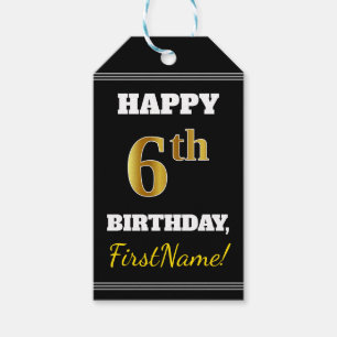 Étiquettes-cadeau Noir, Faux Or 6ème anniversaire + Nom personnalisé