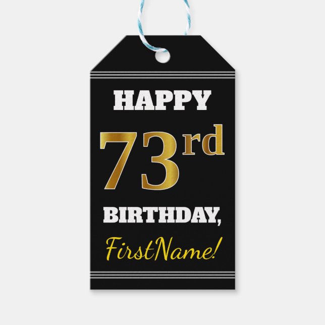 Étiquettes-cadeau Noir, Faux Or 73ème anniversaire + Nom personnalis (Devant)