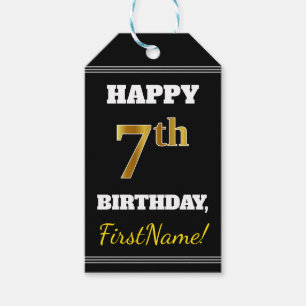 Étiquettes-cadeau Noir, Faux Or 7ème anniversaire + Nom personnalisé