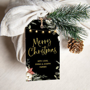 Étiquettes-cadeau Noir Joyeux Noël   Floral et or d'hiver